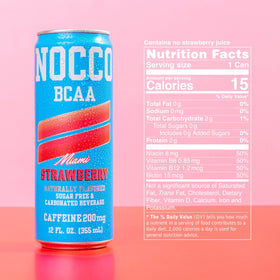 NOCCO Miami Strawberry vitamin badge emphasizes B vitamins and biotin benefits.