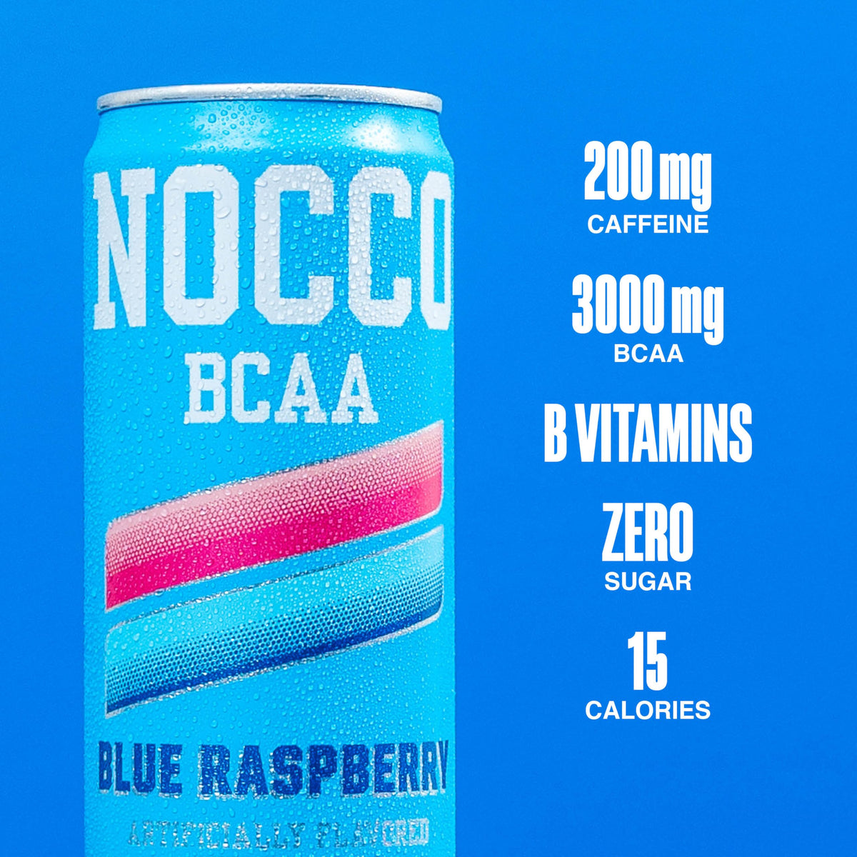NOCCO Blue Raspberry can side view highlighting sugar-free energy details