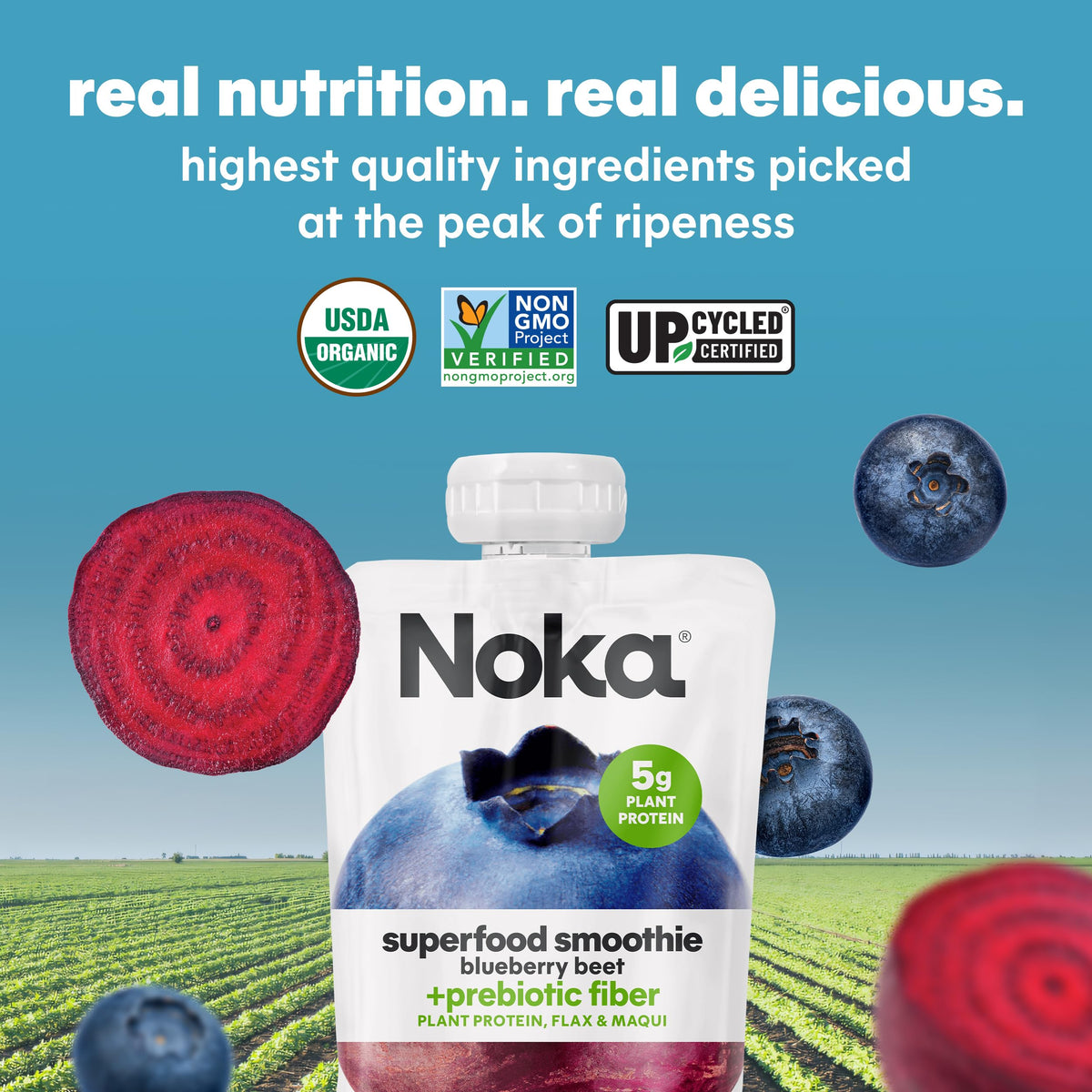 NOKA adult hikers grab smoothie pouch for energy on trail