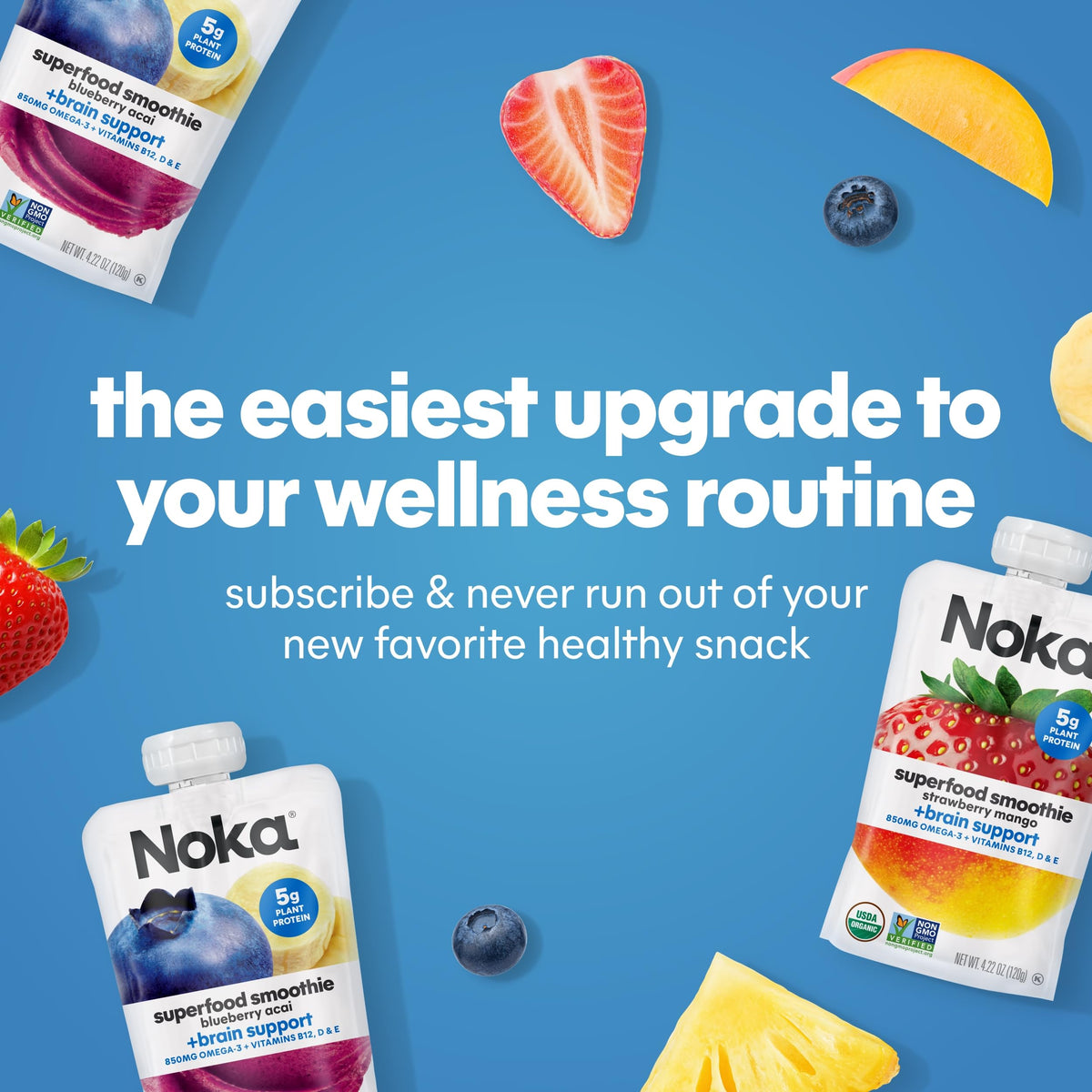 NOKA banana-strawberry-mango blend pouch with vitamins