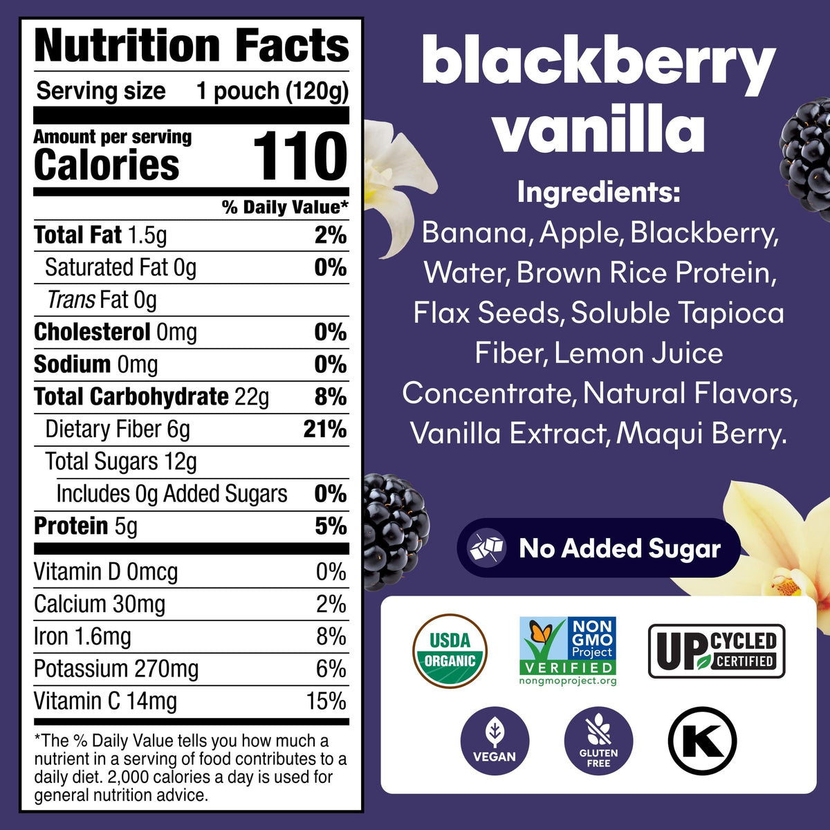 NOKA pouch closeup label presents organic ingredients and vegan, allergen-free snack.