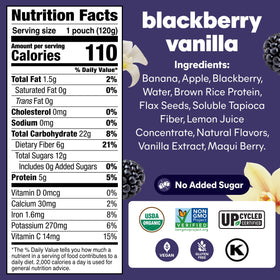 NOKA pouch closeup label presents organic ingredients and vegan, allergen-free snack.