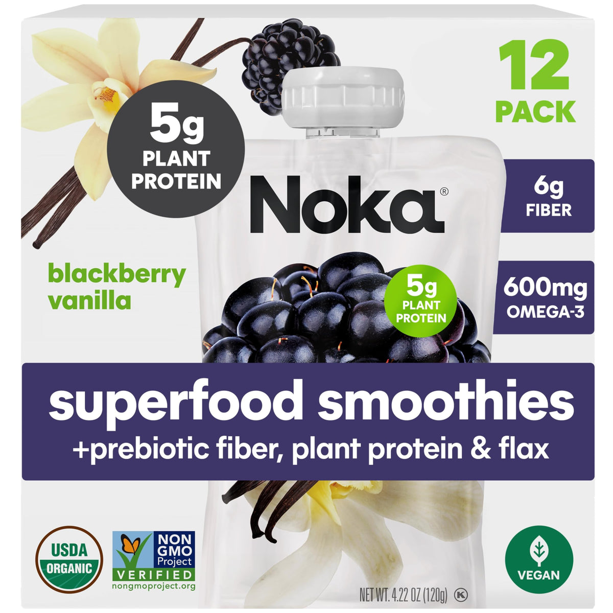 NOKA blackberry-vanilla smoothie pouch packaging highlights convenient, no-added-sugar fruit snack.