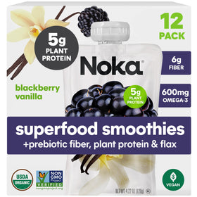 NOKA blackberry-vanilla smoothie pouch packaging highlights convenient, no-added-sugar fruit snack.