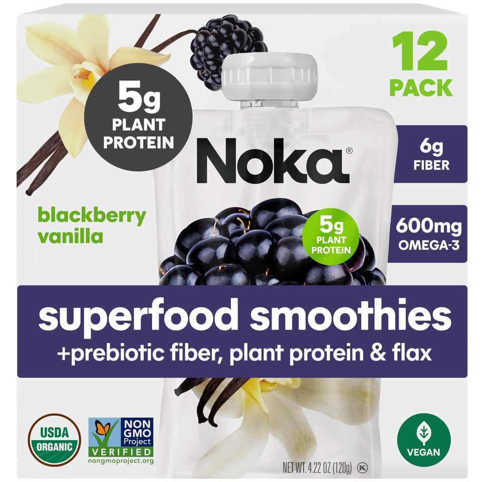 NOKA blackberry-vanilla smoothie pouch packaging highlights convenient, no-added-sugar fruit snack.