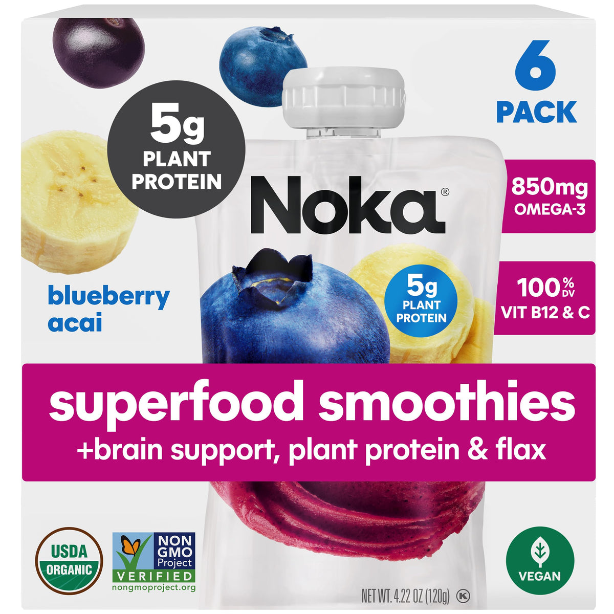 NOKA blueberry acai smoothie pouch pack, a convenient on-the-go healthy snack.