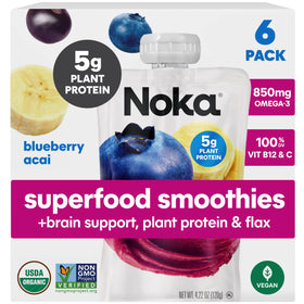 NOKA blueberry acai smoothie pouch pack, a convenient on-the-go healthy snack.