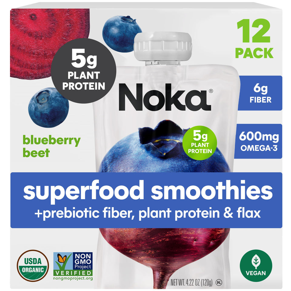 NOKA blueberry beet smoothie pouch – front view for on-the-go healthy snack