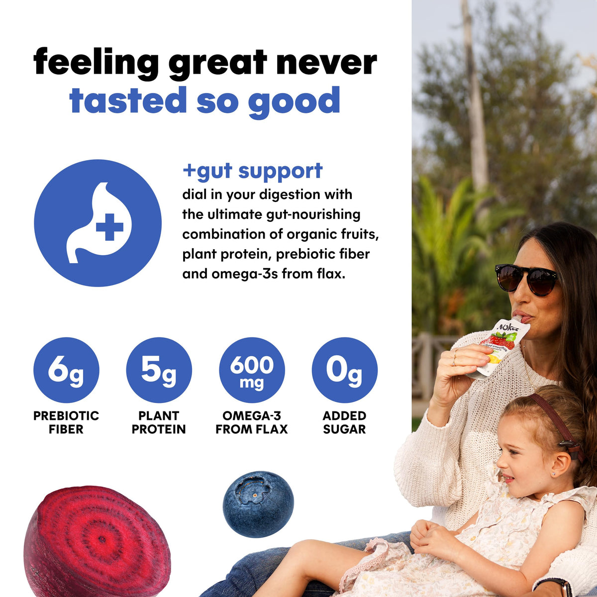 NOKA blueberry beet smoothie poured into glass highlighting fruity flavor