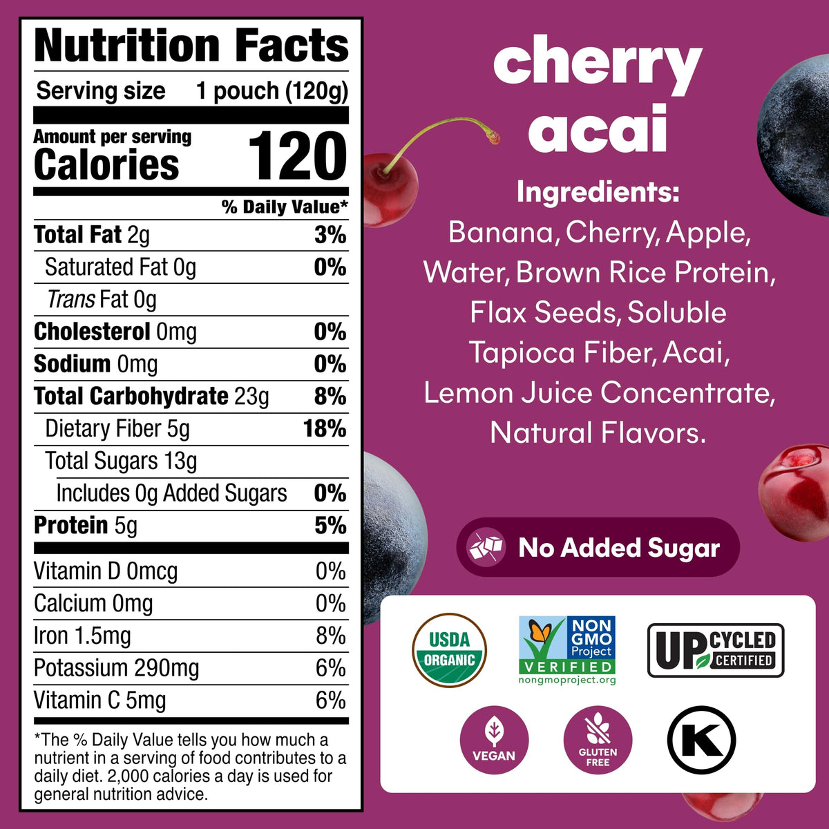 NOKA cherry-acai pouch closeup label, showcasing organic ingredients and no added sugar
