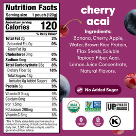 NOKA cherry-acai pouch closeup label, showcasing organic ingredients and no added sugar