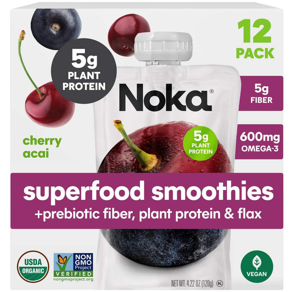 NOKA Cherry Acai smoothie pouches pack-front, ideal for on-the-go snacking