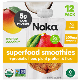 NOKA Mango Coconut smoothie front, grab-and-go tropical snack for busy mornings.