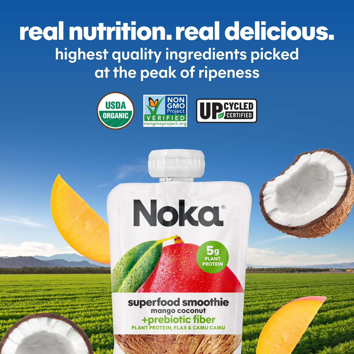 NOKA Mango Coconut pouch, kid-friendly and dairy-free snack.