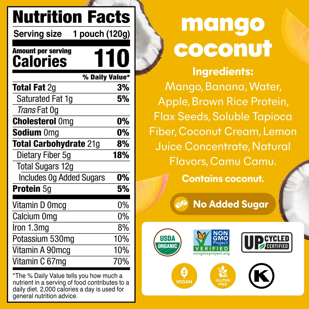 NOKA Mango Coconut pouch cap close-up, portable nutrition for on-the-go meals.