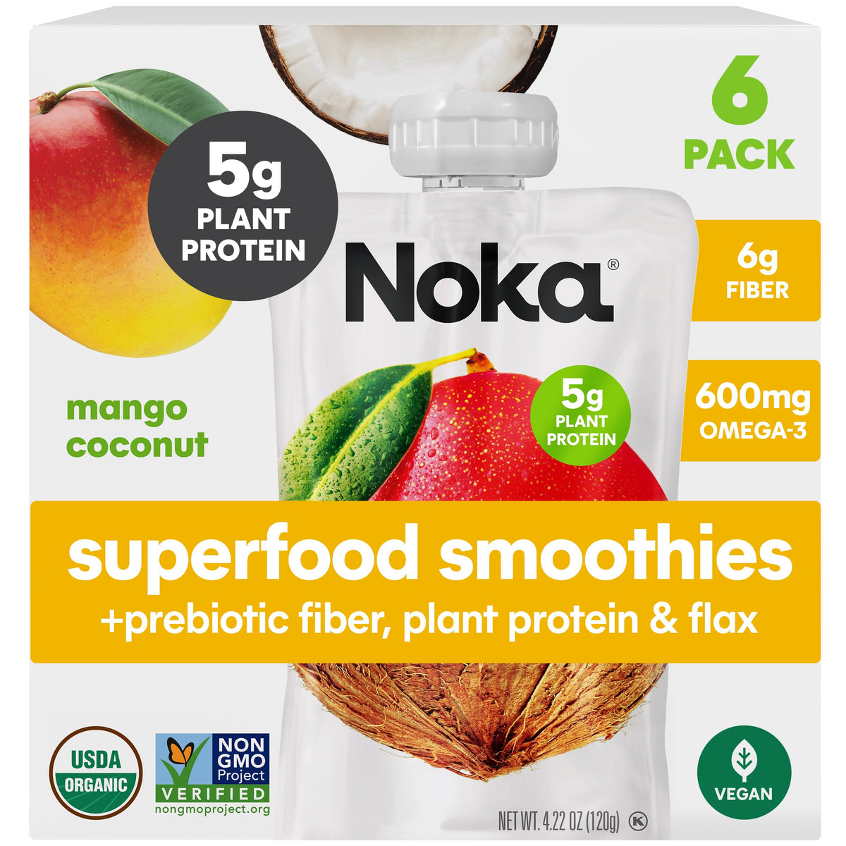 NOKA Mango Coconut smoothie pouch pack shows six on-the-go servings.