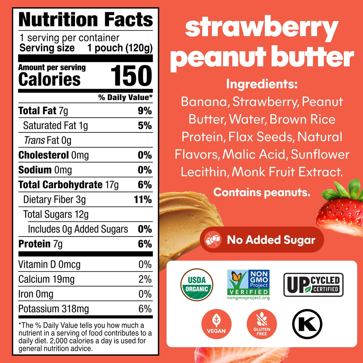 NOKA pouch shows apples, bananas, and flax seed for protein boost.