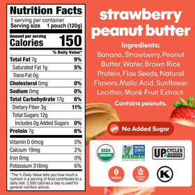 NOKA pouch shows apples, bananas, and flax seed for protein boost.