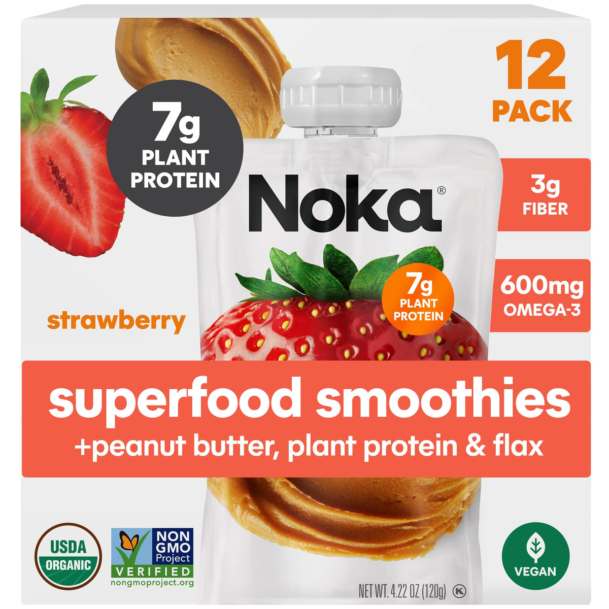 NOKA smoothie pouch featuring strawberry peanut butter for on-the-go snacking.