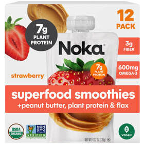 NOKA smoothie pouch featuring strawberry peanut butter for on-the-go snacking.