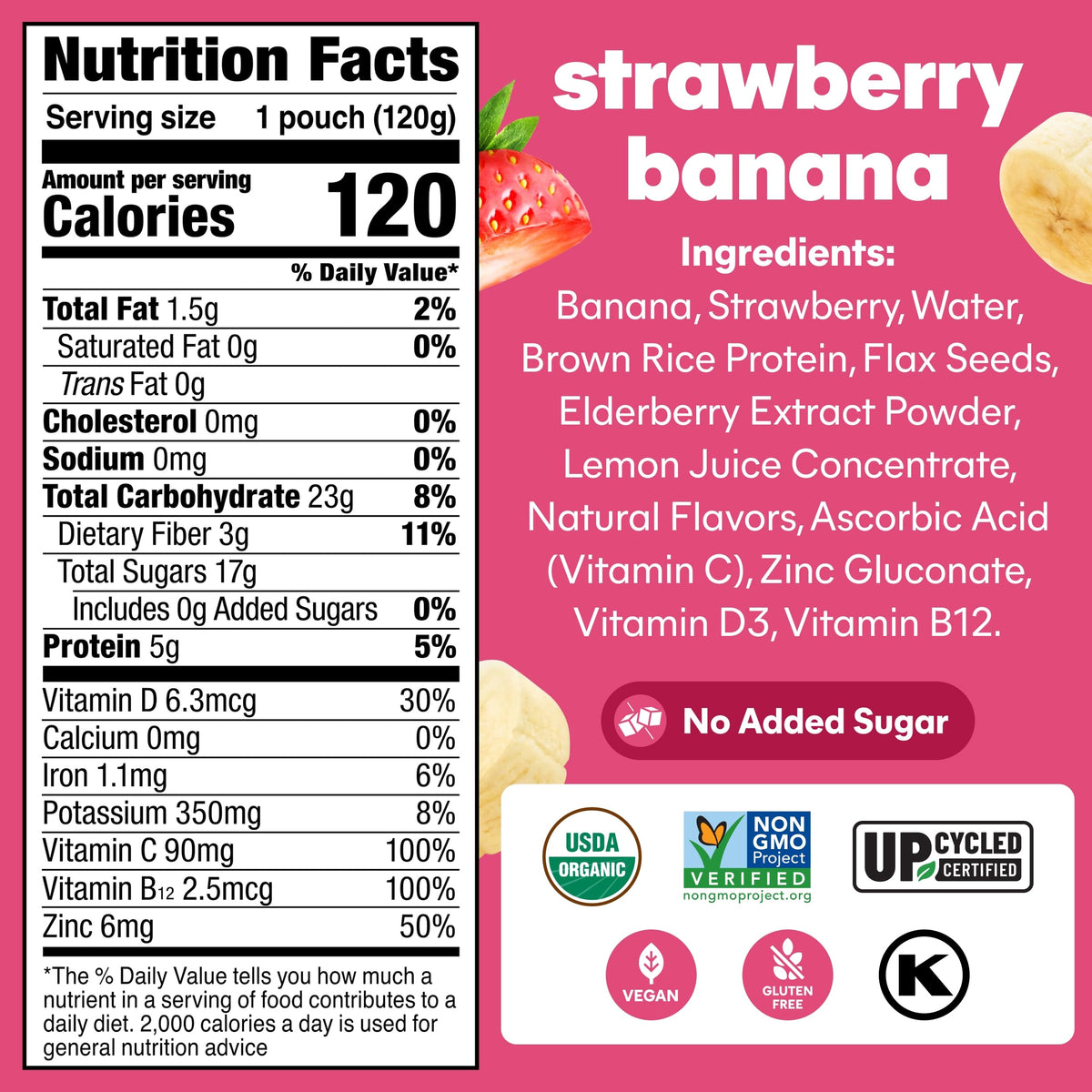 Close-up of NOKA strawberry banana smoothie pouch texture and vibrant fruits