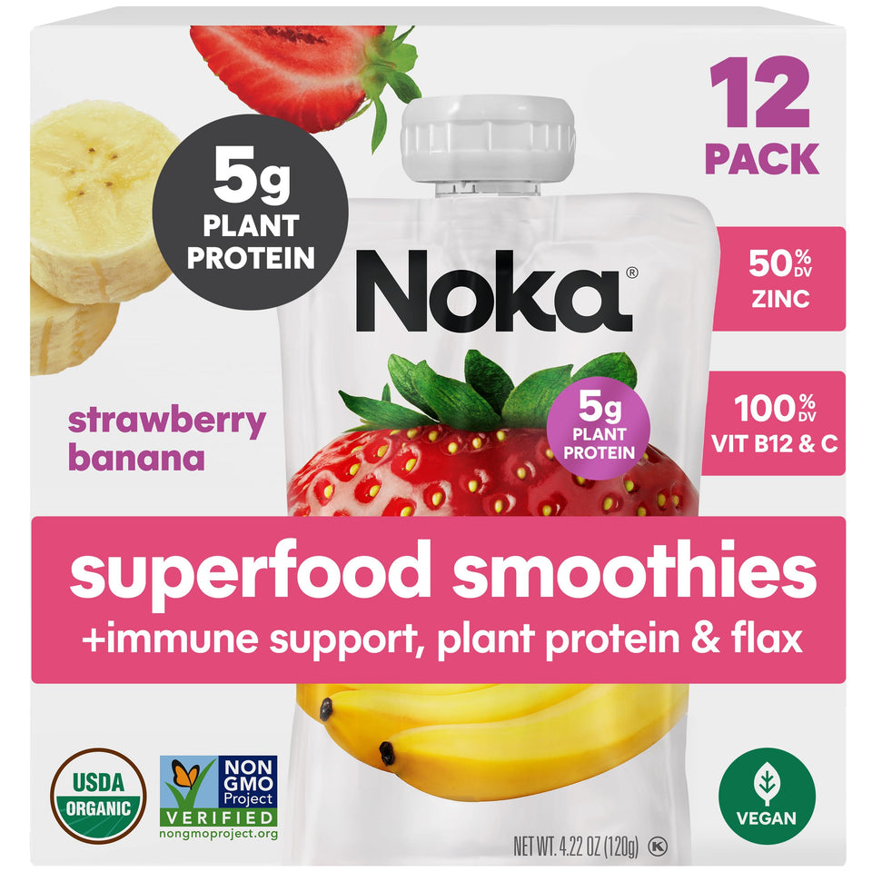 NOKA Strawberry Banana smoothie pouch packaging for convenient on-the-go snacking