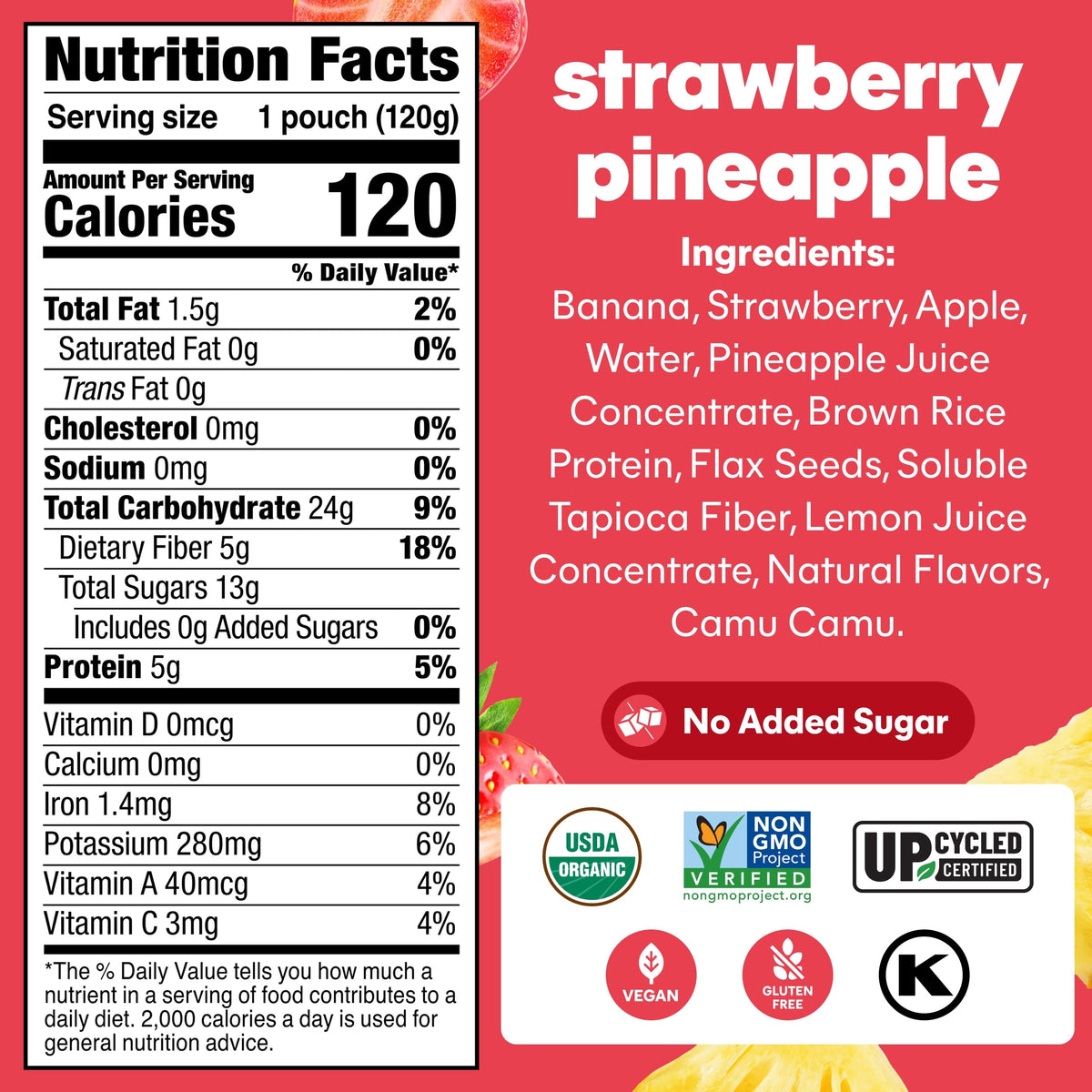 NOKA pouch close-up shows strawberry-pineapple color and portability