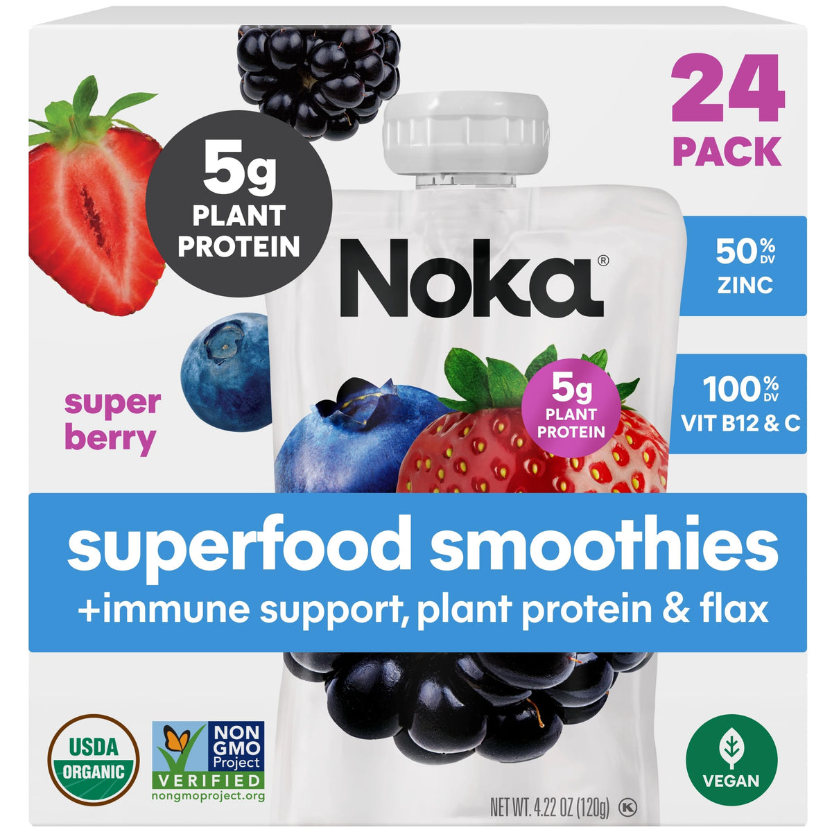 NOKA Superberry pouch pack front, a convenient on-the-go snack.