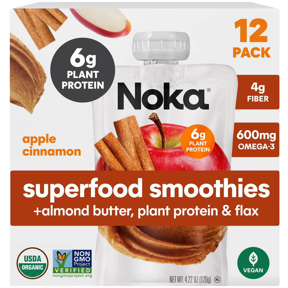 NOKA Superfood Apple Cinnamon Almond Butter pouch for a quick protein-packed snack.