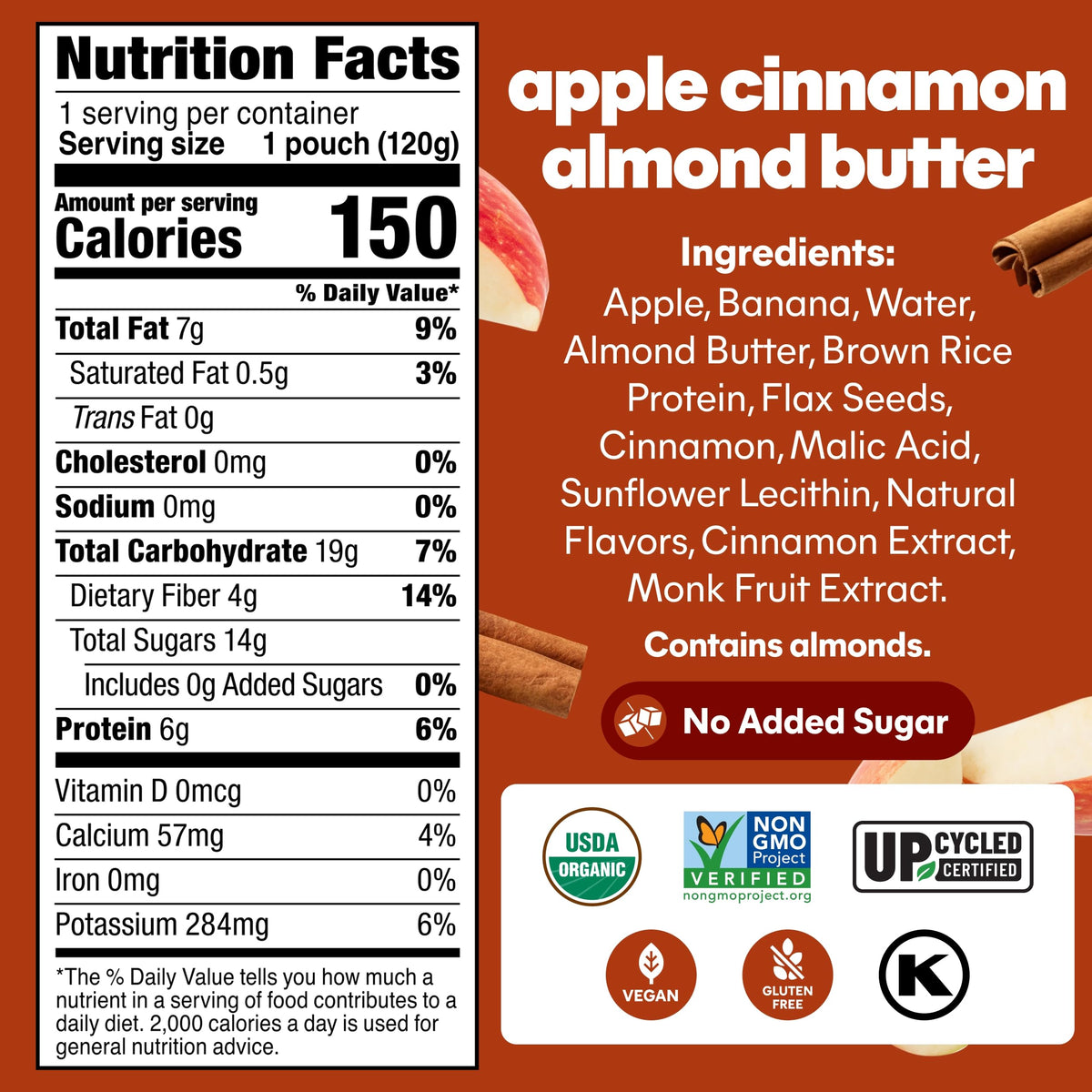 NOKA Apple Cinnamon Almond Butter pouch with real fruit visuals.