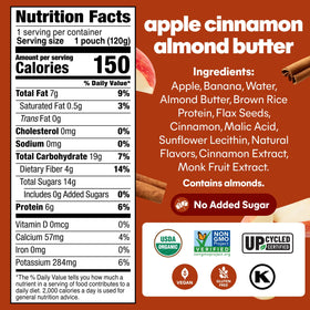 NOKA Apple Cinnamon Almond Butter pouch with real fruit visuals.
