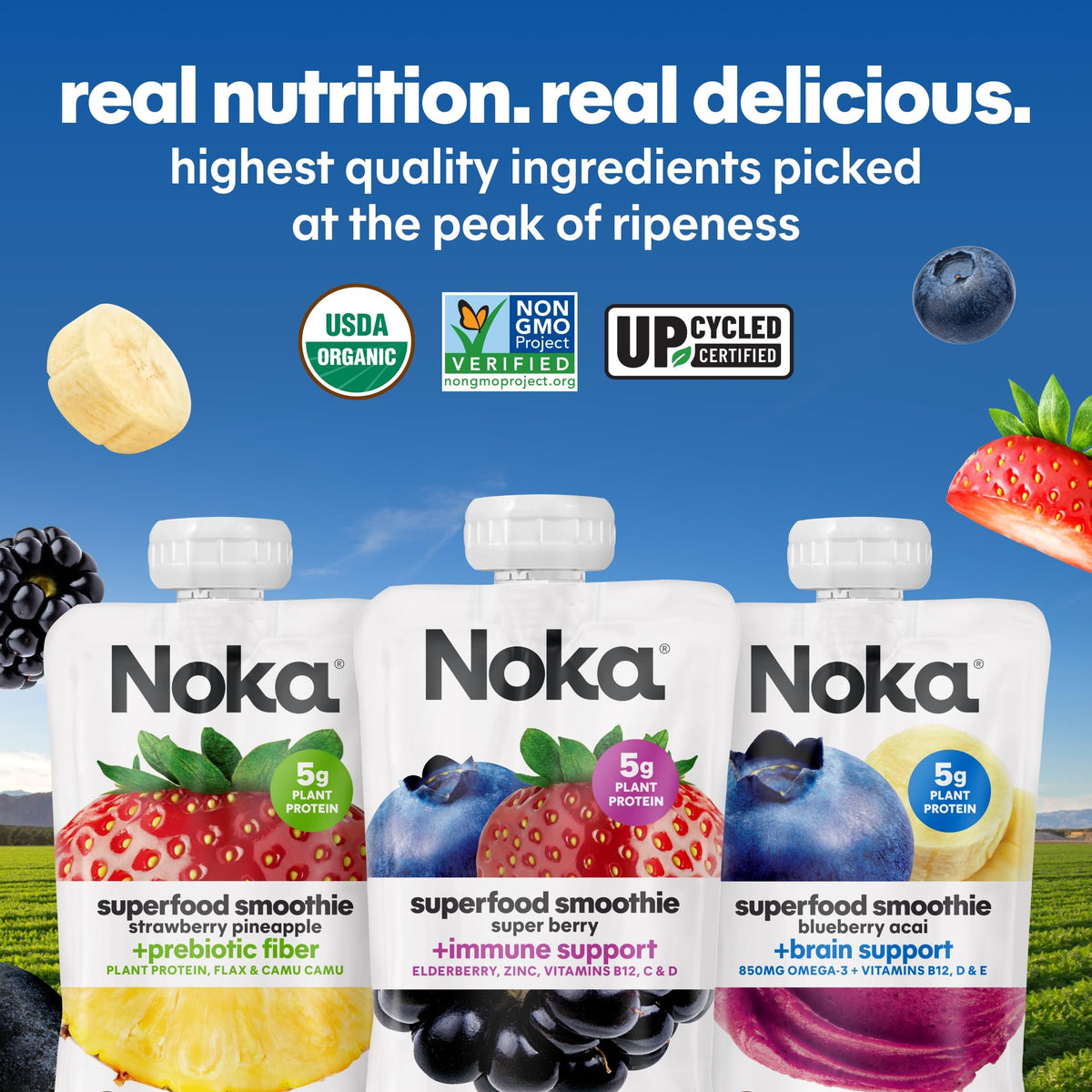 NOKA strawberry pineapple pouch close-up with fresh fruit flavor.