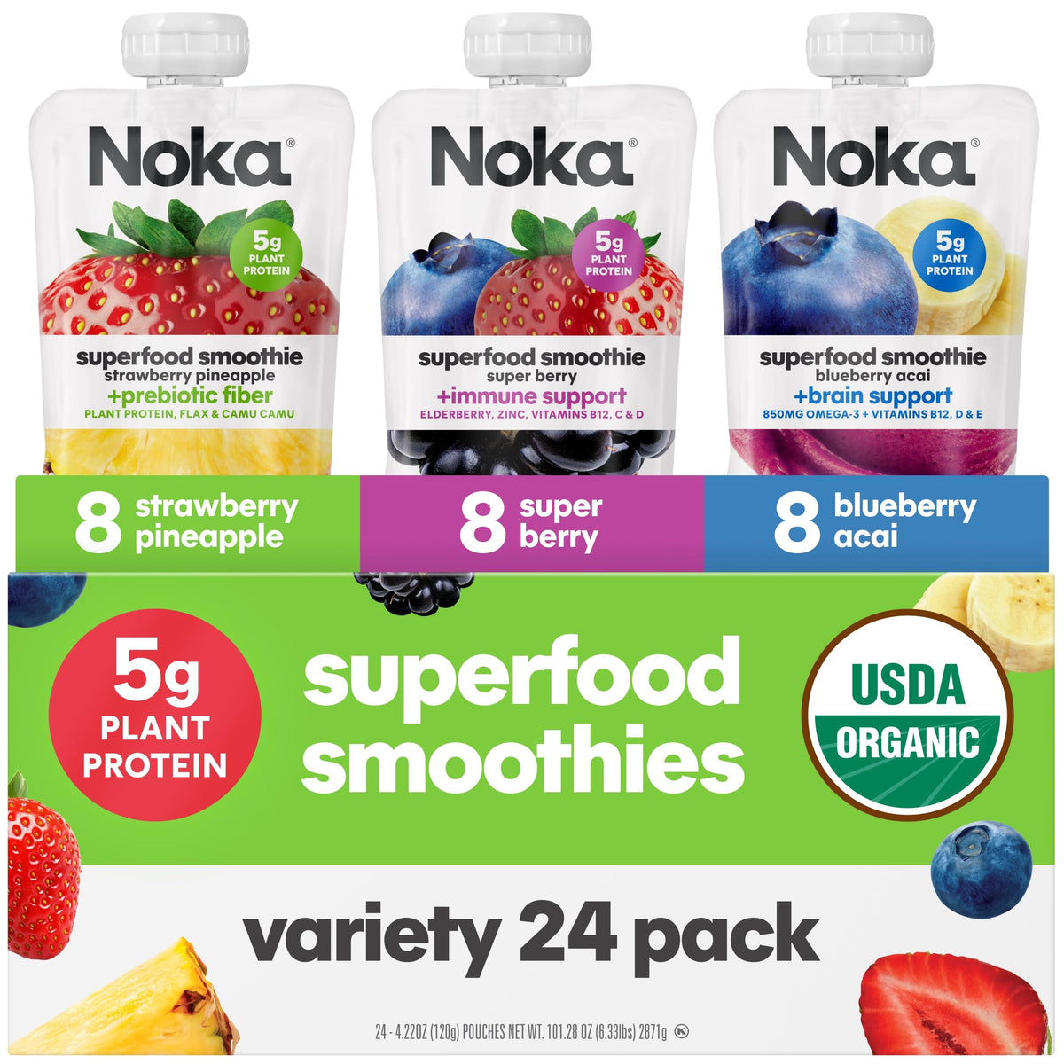 NOKA Superfood Smoothie variety pack strawberry pineapple pouch on-the-go balanced nutrition.