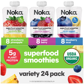 NOKA Superfood Smoothie variety pack strawberry pineapple pouch on-the-go balanced nutrition.