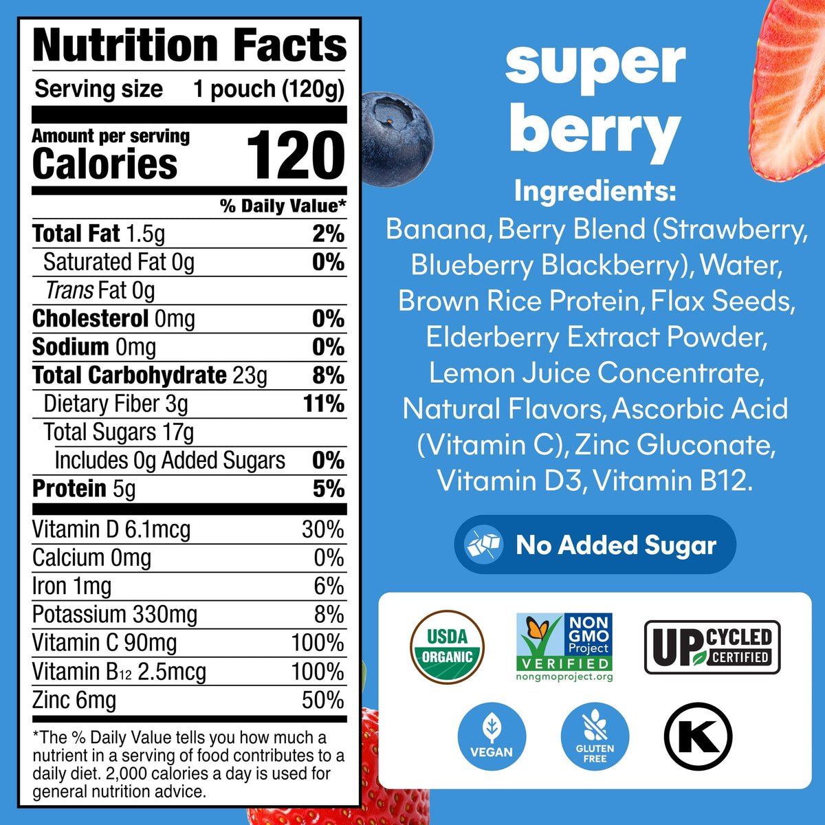 NOKA Superfood Super Berry pouch close-up highlighting fresh berries