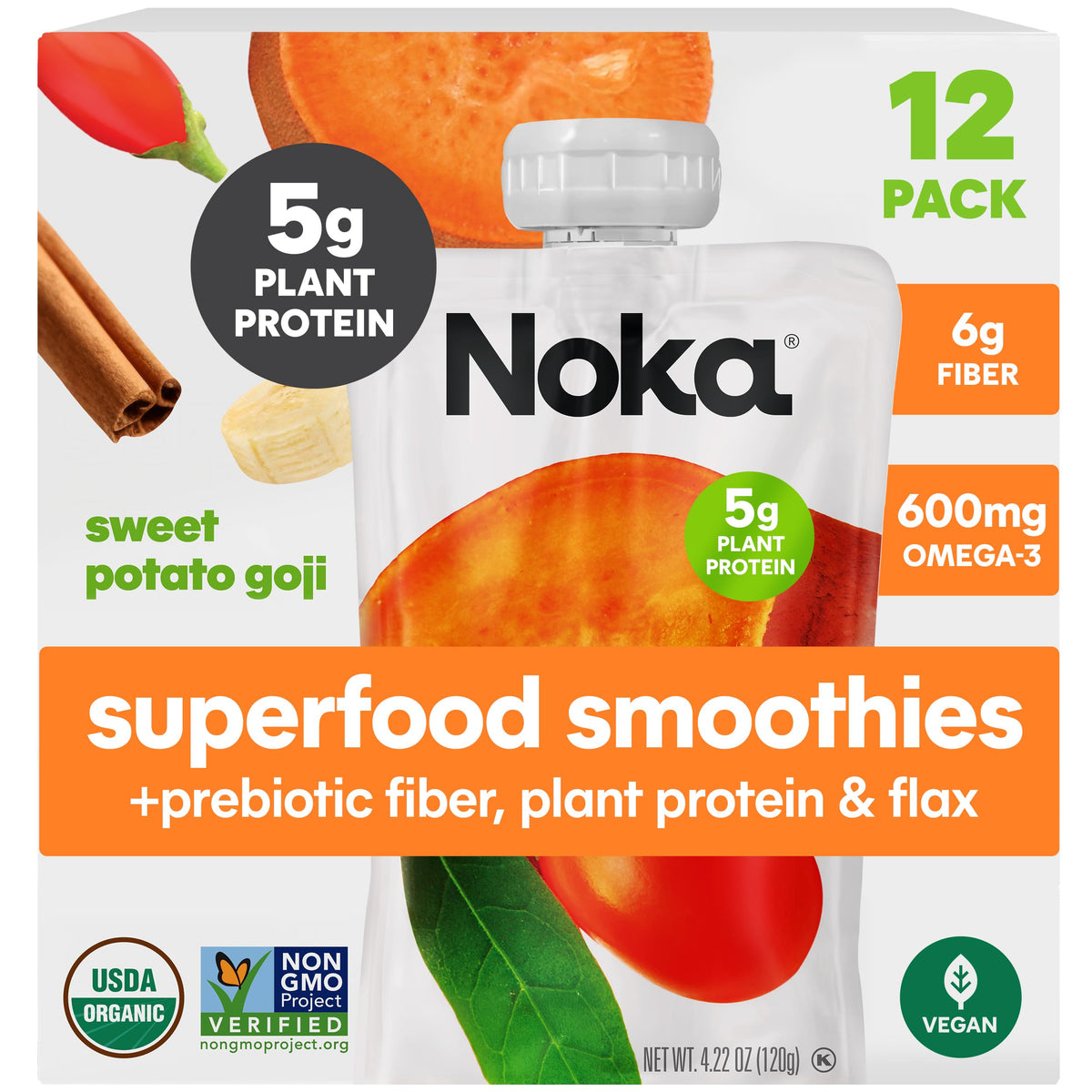 NOKA Sweet Potato Goji pouch front view, a convenient on-the-go healthy snack.