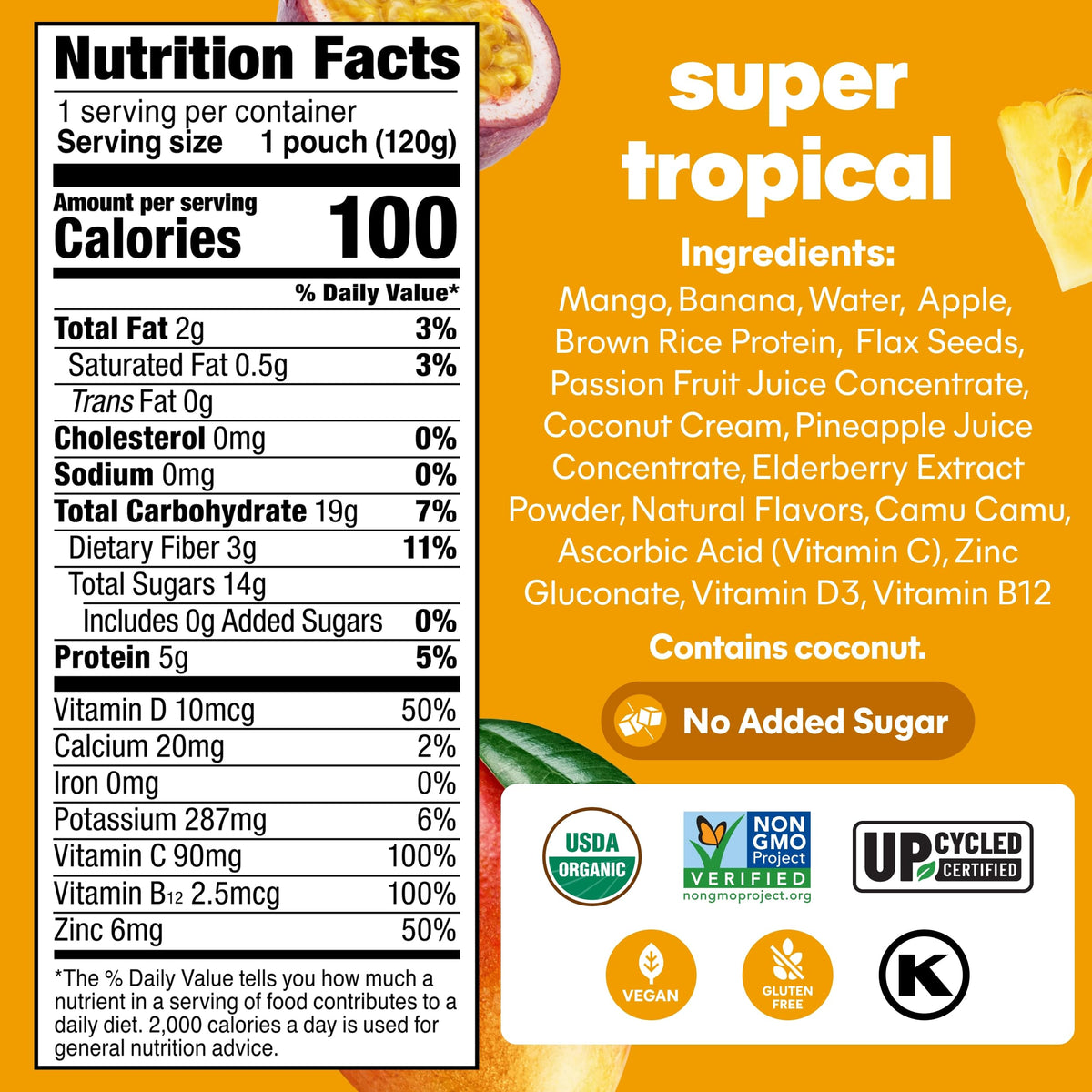 NOKA tropical fruit flavor close-up highlighting mango passionfruit pineapple banana