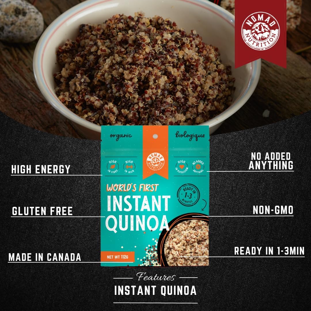 Nomad Nutrition Instant Quinoa steaming bowl shows quick prep and nutrition.
