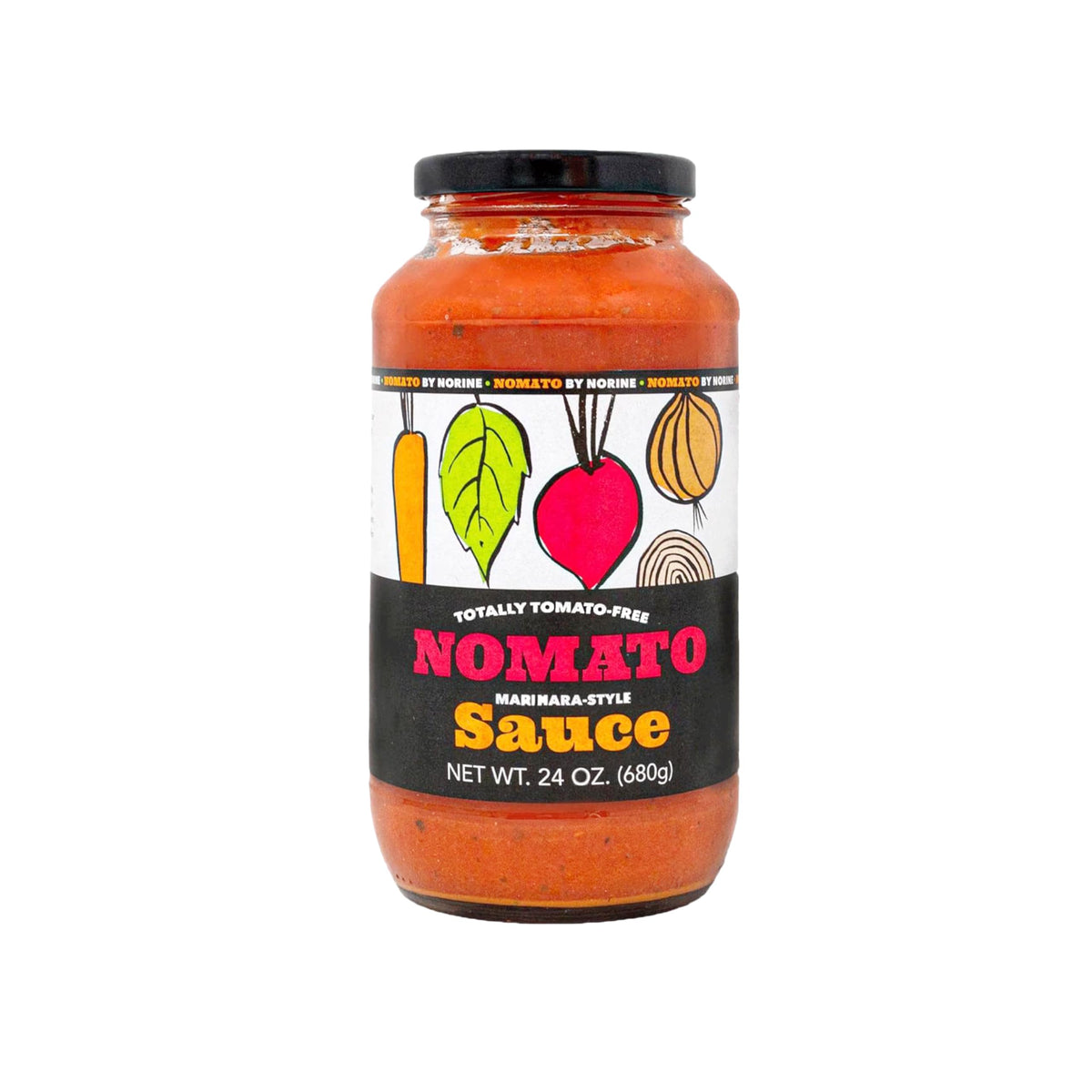 Nomato Original tomato-free marinara bottle shown on a kitchen counter