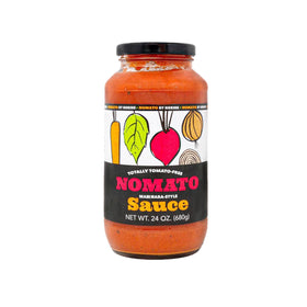 Nomato Original tomato-free marinara bottle shown on a kitchen counter
