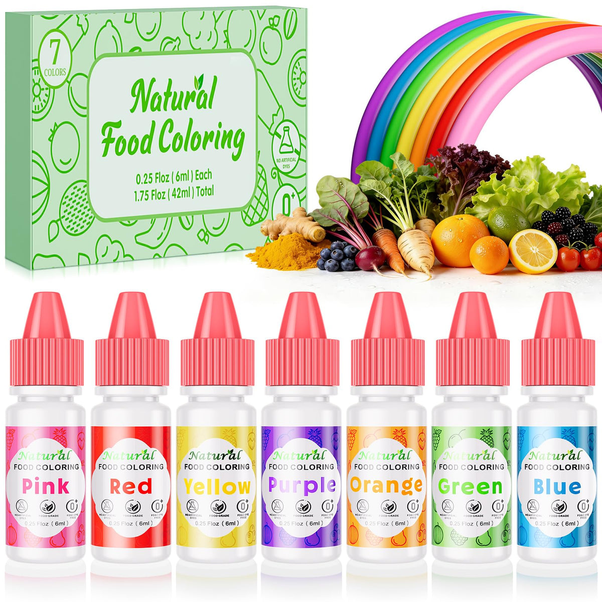 Nomeca rainbow collection bottle shows seven natural colors for vibrant desserts