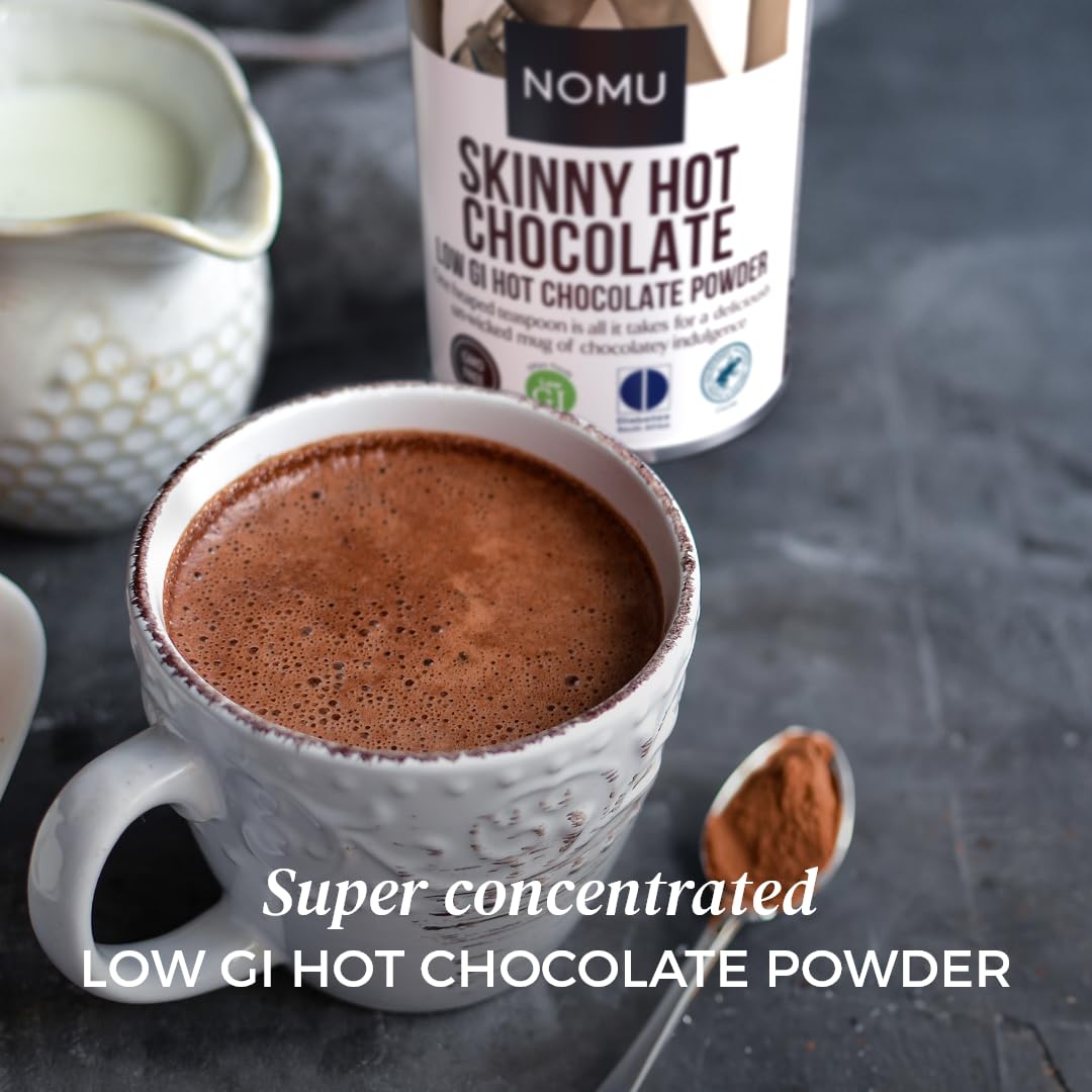 NOMU Skinny hot chocolate cup-steaming highlights a cozy, guilt-free cocoa moment.