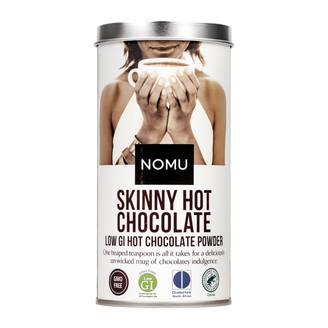 NOMU Skinny hot chocolate pack showcases rich cacao for a rich, sugar-free treat.