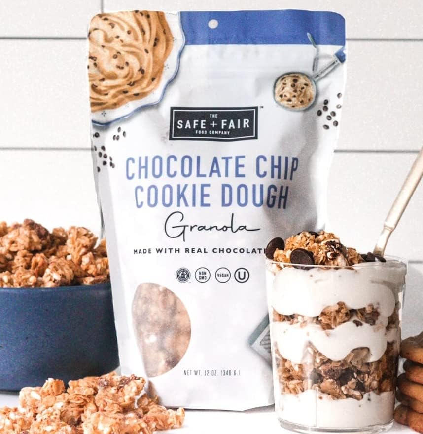 Non-GMO ingredients label on Safe + Fair granola packaging, emphasizing clean sourcing.