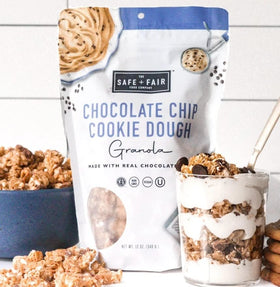 Non-GMO ingredients label on Safe + Fair granola packaging, emphasizing clean sourcing.