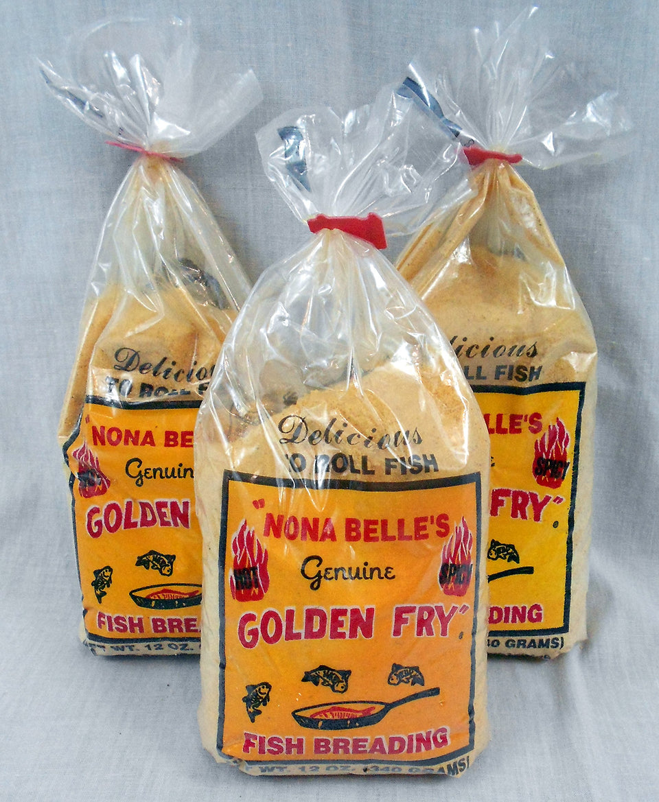 Nona Belle Golden Fry Spicy Pack 1 shows crispy coating ready for quick, flavorful fried fish.
