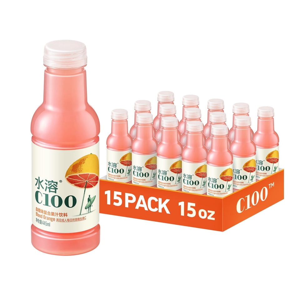 Nongfu Spring C100 Blood Orange bottle front view showing vibrant color for hydration