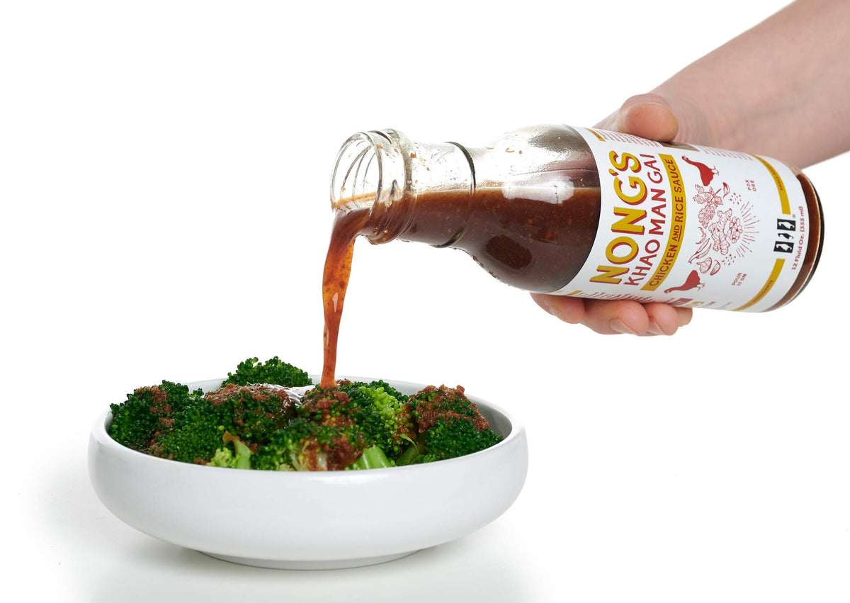 Nong's Khao Man Gai sauce bottle labeled USA-made close-up.