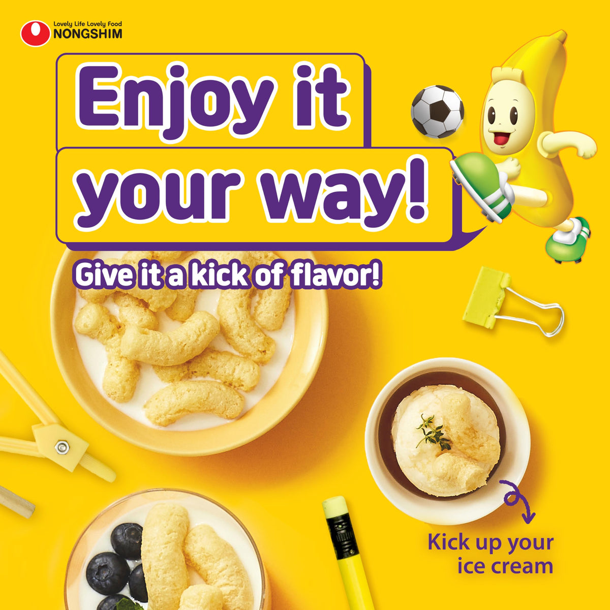 Nongshim Banana Kick open bag highlights quick snacking moment.