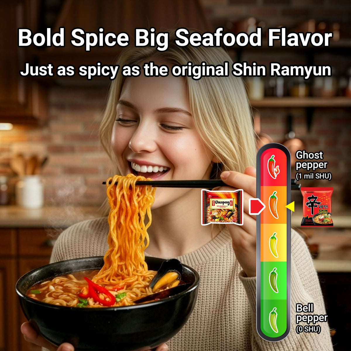 Nongshim Champong Ramyun chunks-and-seafood, highlighting bold seafood notes